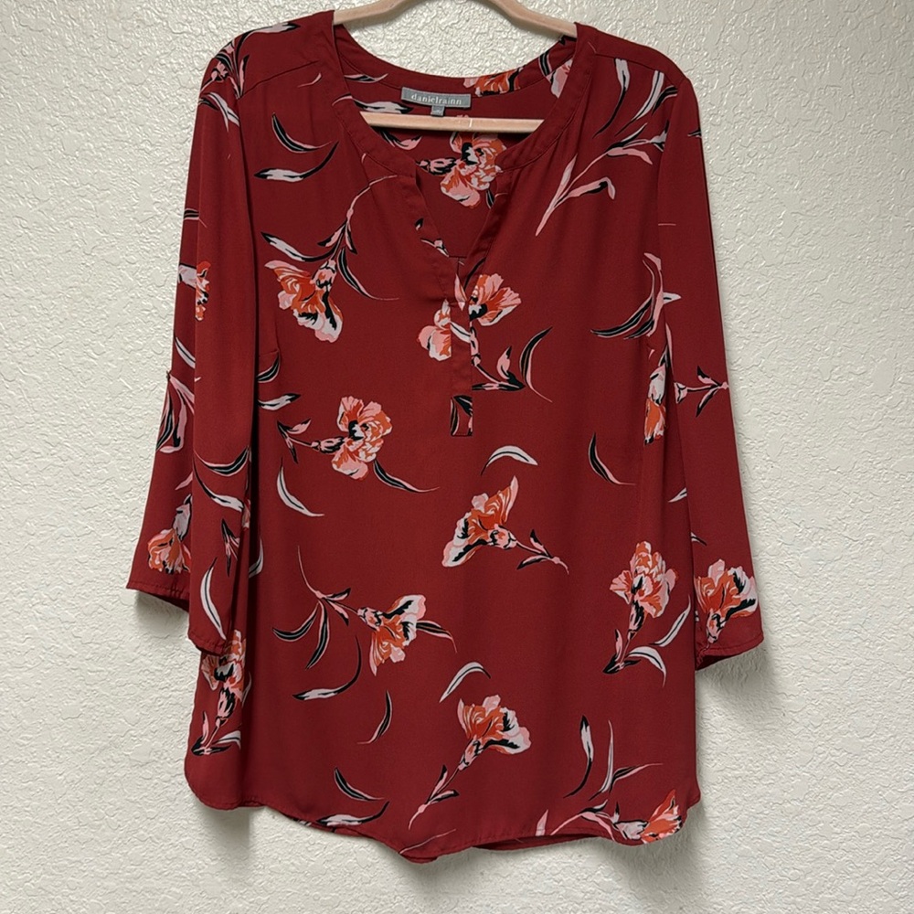DANIEL RAINN Rust Orange Floral Print 3/4 Sleeve Blouse Size 1X